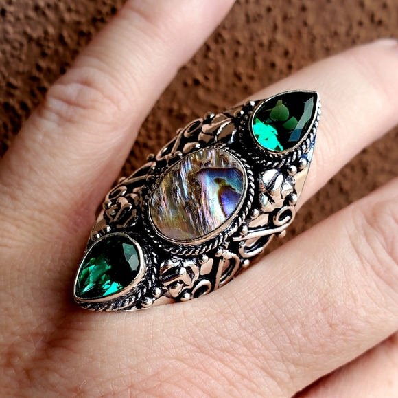 New Abalone Shell & Peridot 925 Silver Statement Ring. - Picture 10 of 16